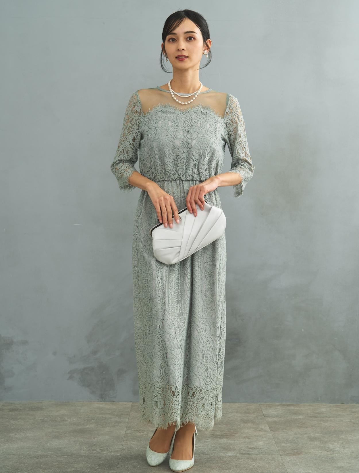 M】スカラップレースロングドレス（グリーン）DPSET0573のレンタル