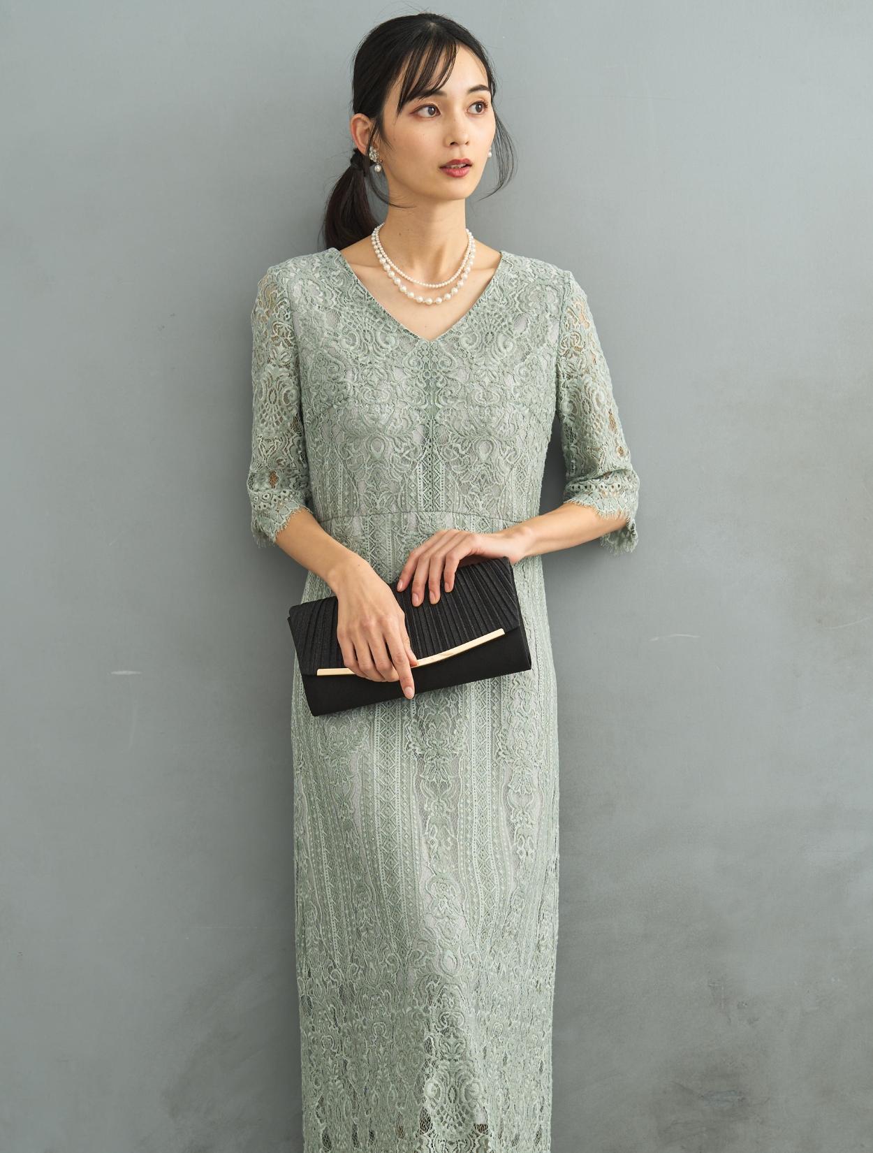 M】Vネックスカラップレースドレス（グリーン）DPSET0603のレンタル