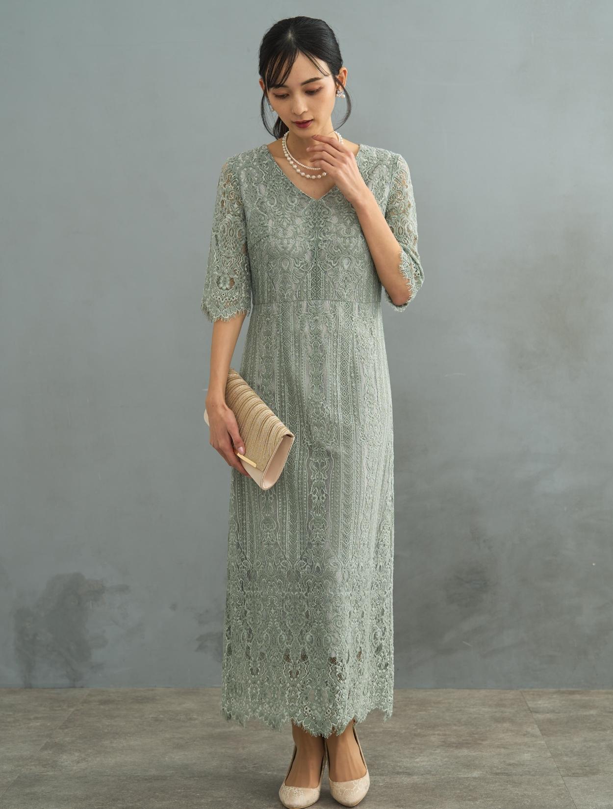 M】Vネックスカラップレースドレス（グリーン）DPSET0604のレンタル