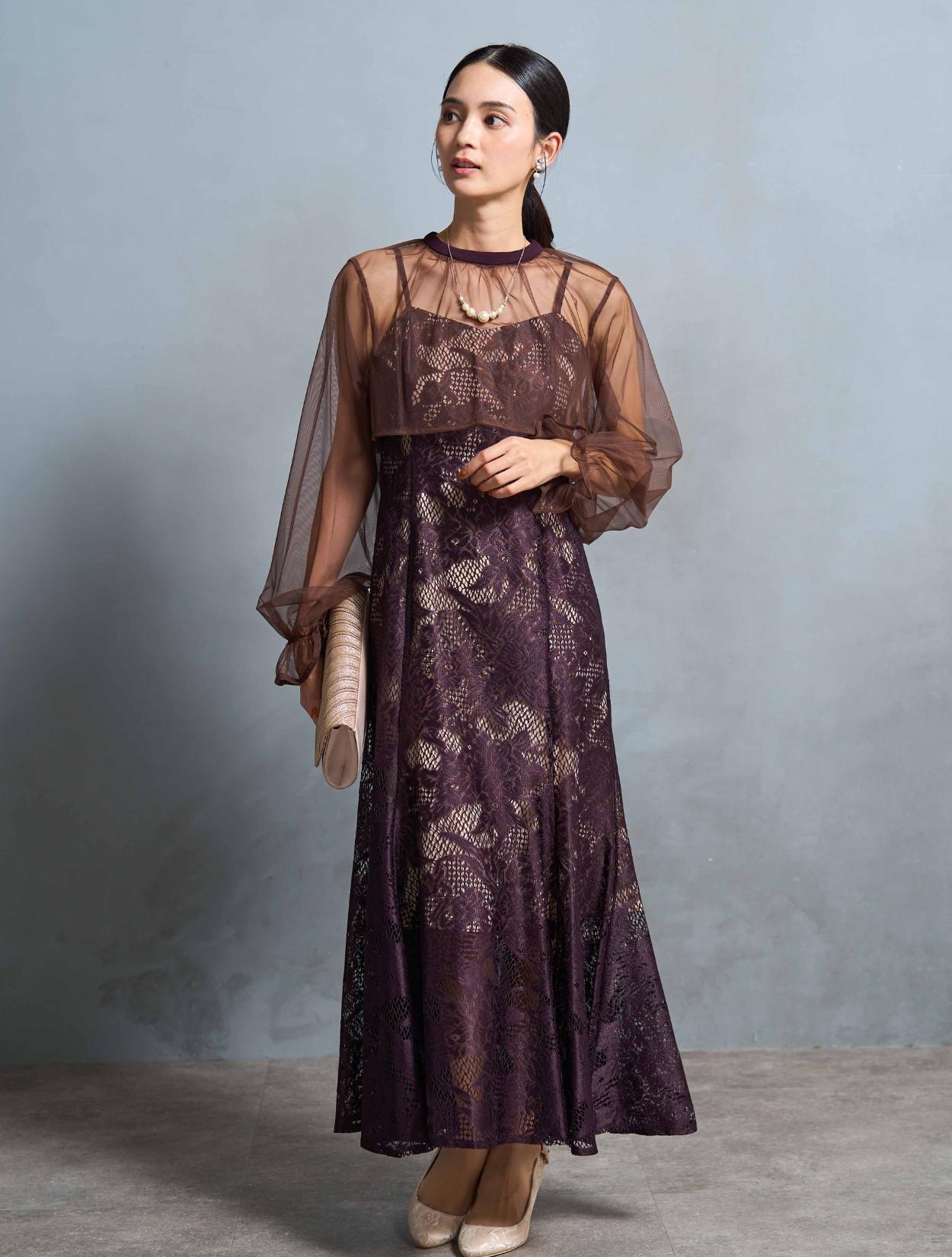 M/L】シアーブラウス付きマーメイドドレス（ブラウン）DPSET0672の