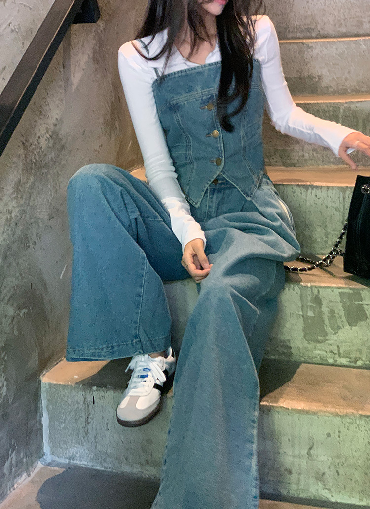 サイドピンタックボタンデニムビスチェ&タックワイドデニムパンツSET