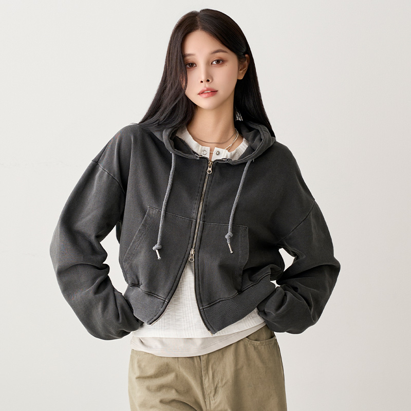 クロップドフードダブルジップポケットカラージップパーカー