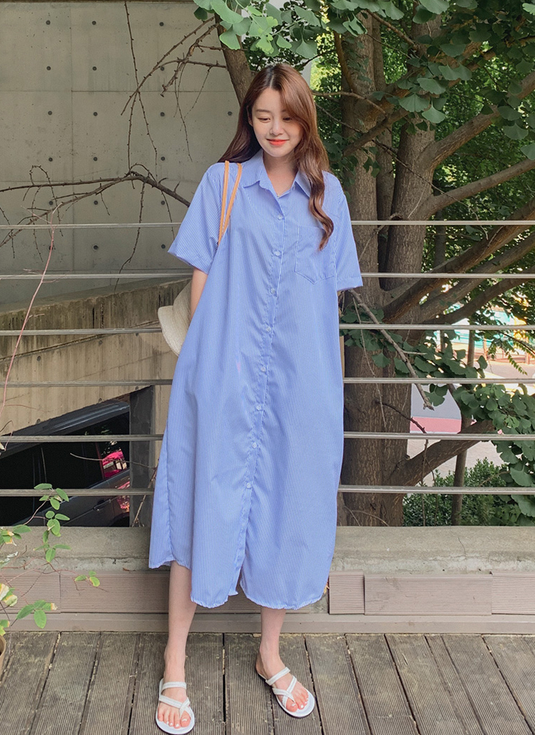 ストライプ柄半袖シャツワンピース | レディースファッション通販 - DHOLIC