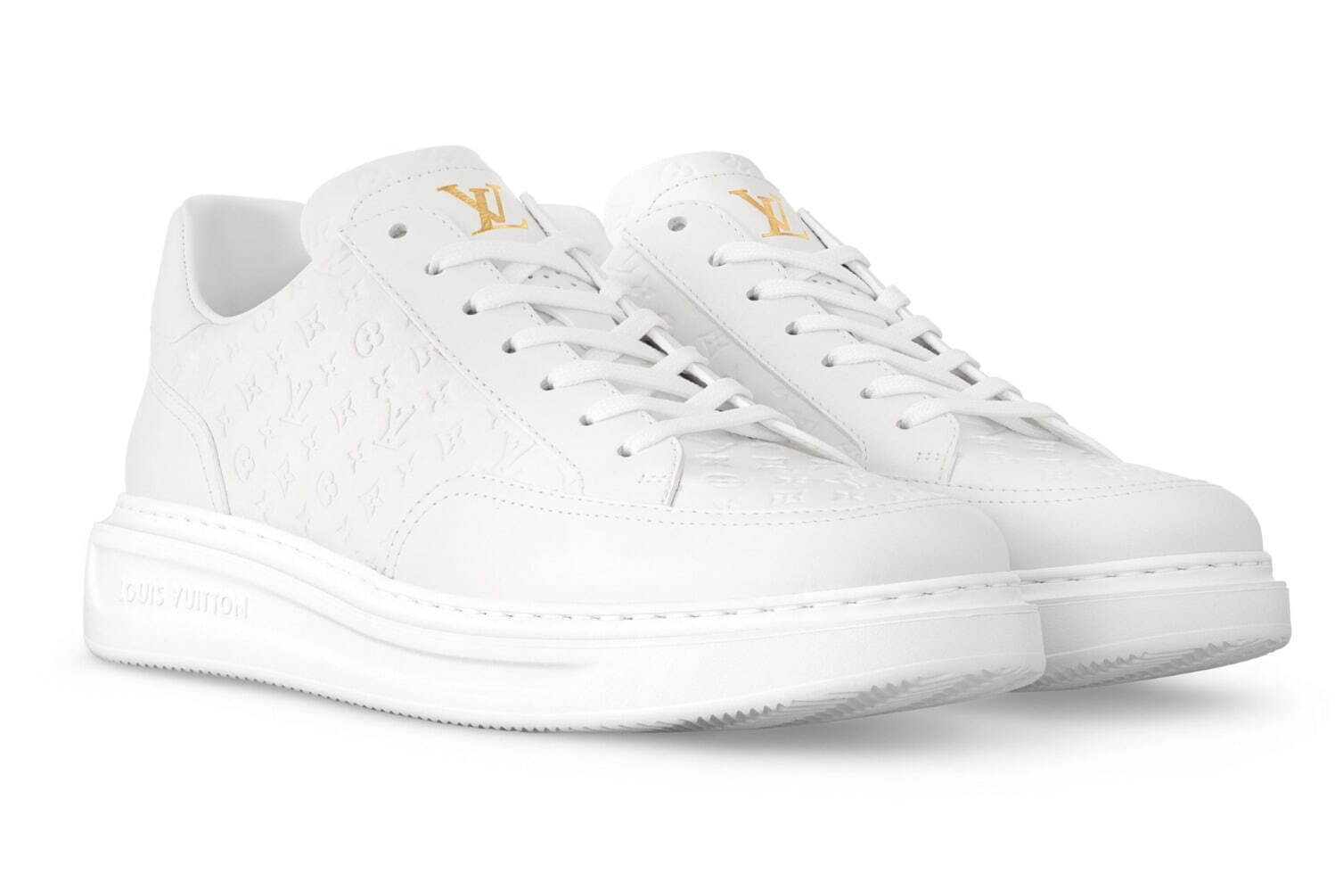 ルイ・ヴィトン「ミニ・モノグラム」柄のメンズ白レザースニーカー