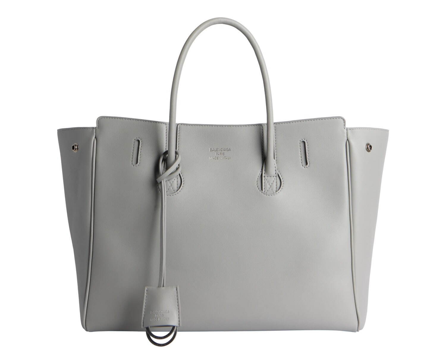 バレンシアガのレザーバッグ「ハンプトン」メタリックなキーリング付き