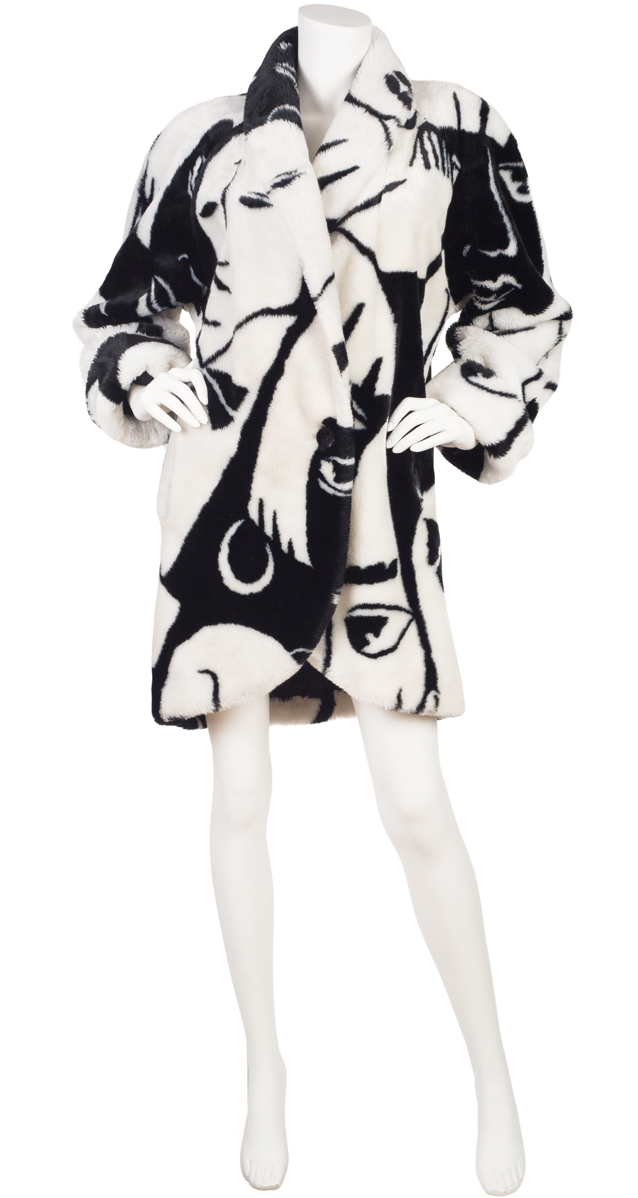 Donnybrook 1980s Face Print Black & White Faux Fur Coat
