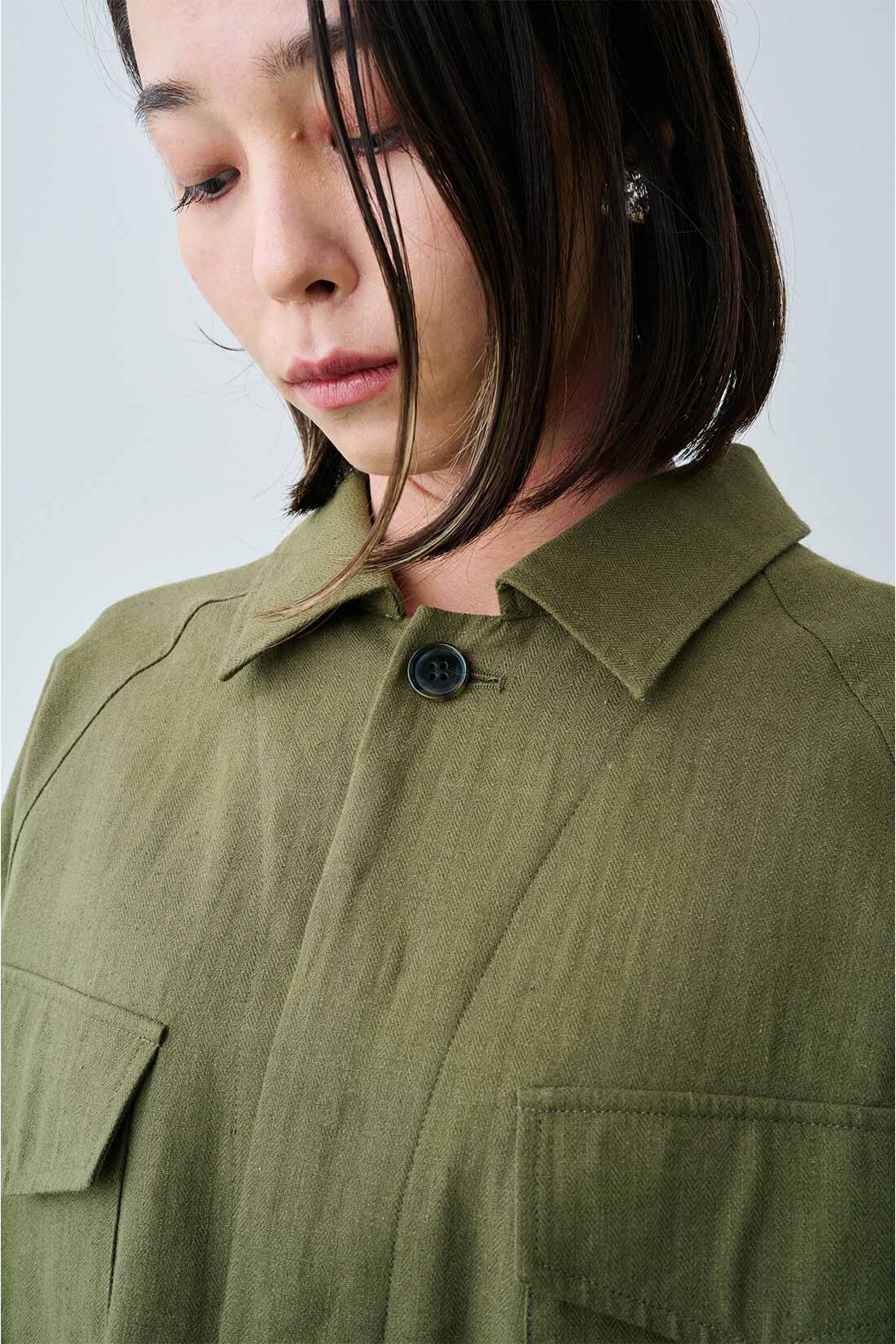 MEDE19F】綿麻ヘリンボーン素材のミリタリージャケット〈カーキ