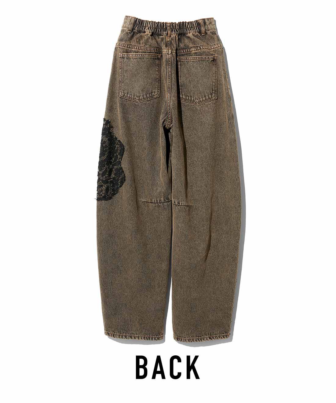 MEDE19F ブラックレースが見える加工デニム〈ブラウングレー