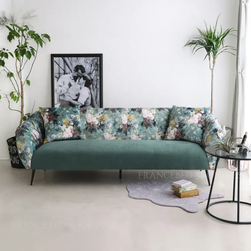 ボタニカルソファ 3人掛け 幅200cm 花柄 高級感 グリーン クッション