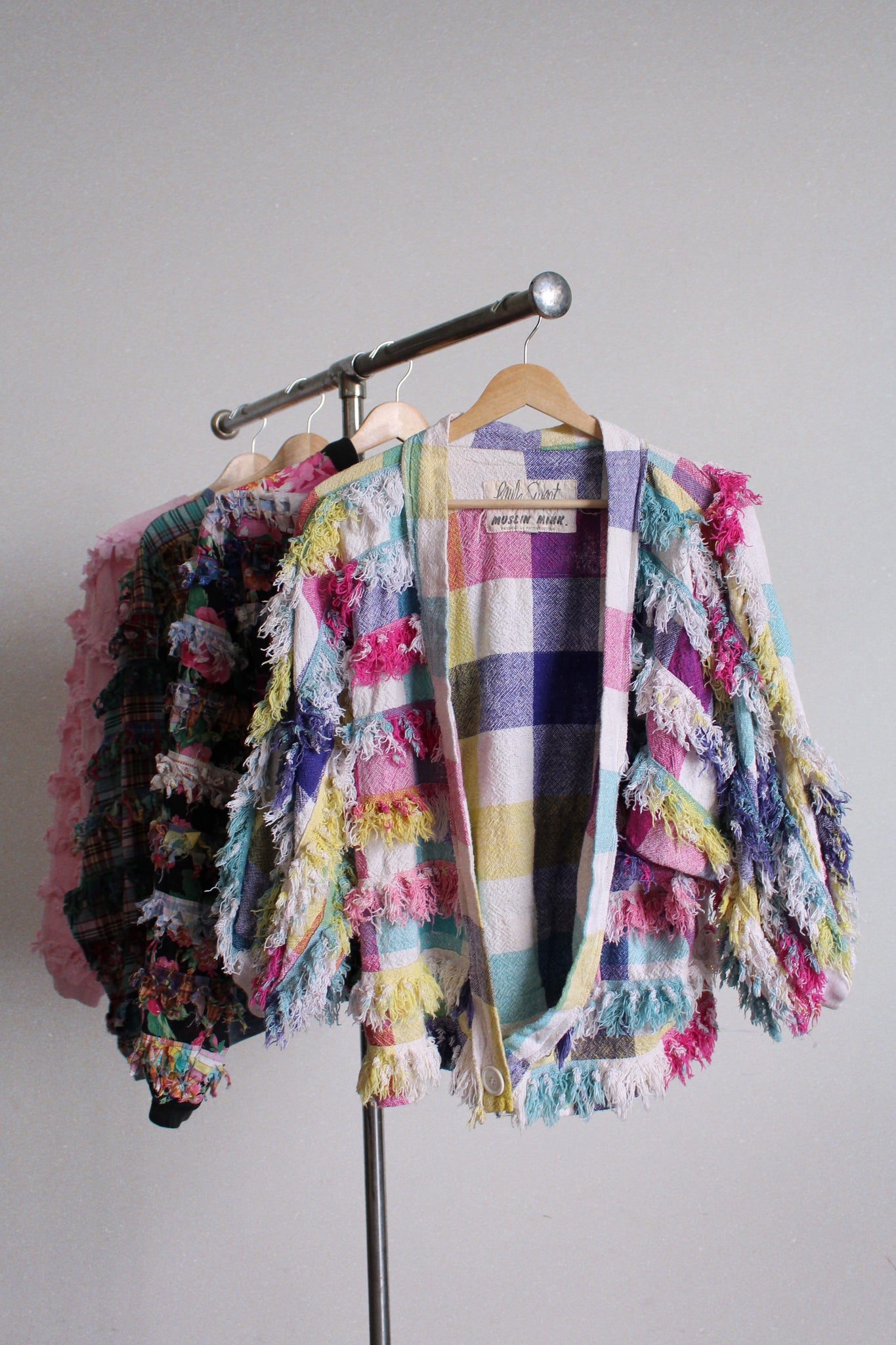 Paula Sweet Muslin Mink Art to Wear Pastel Cotton Fringe Cardigan