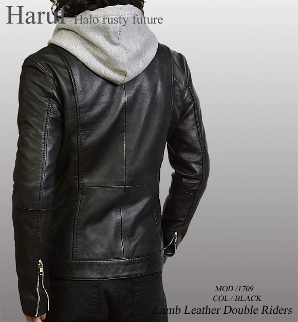 ダブルライダースジャケット メンズ 本革 ラムレザー ブラック 黒 1709