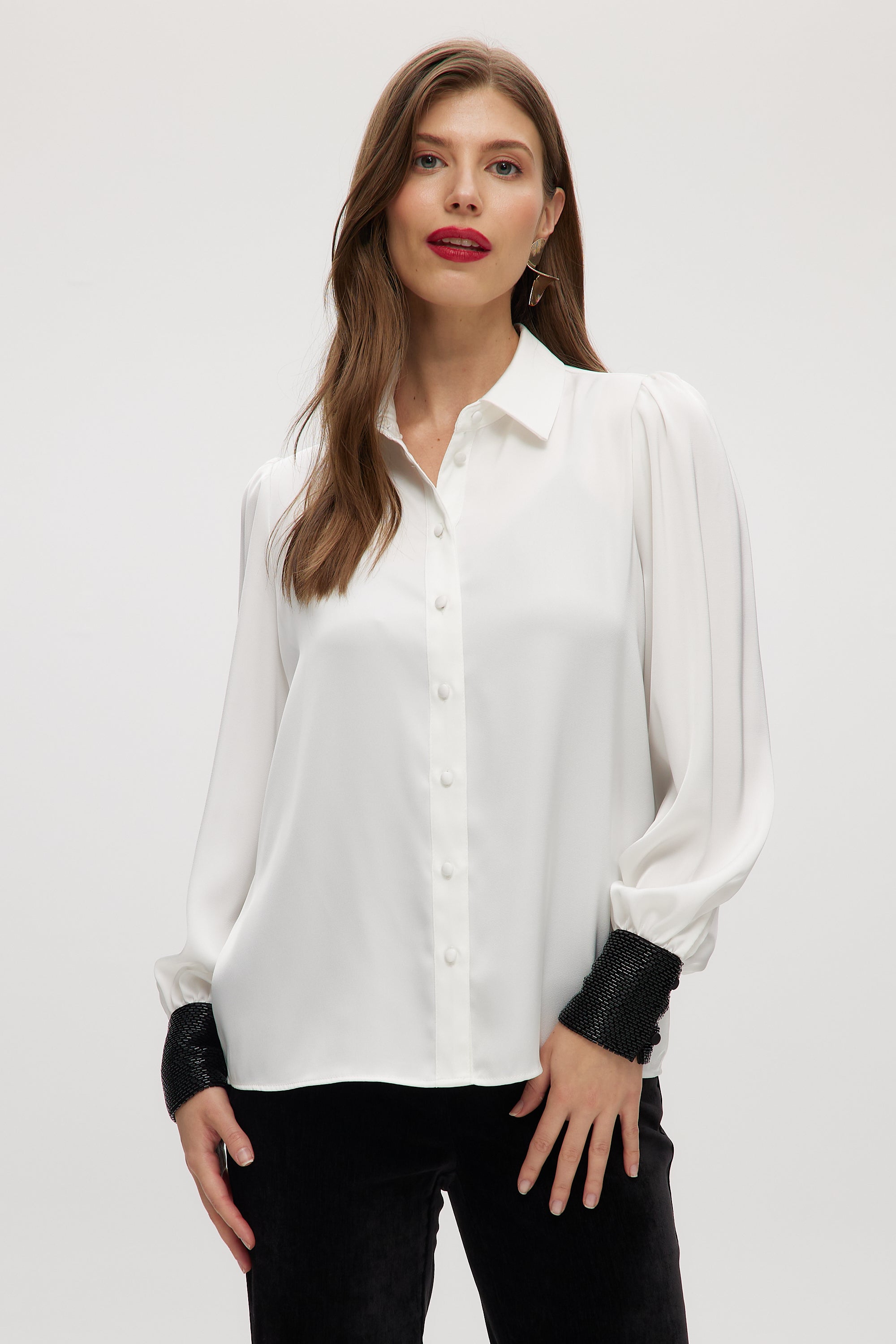 OFF-WHITE BALLOON SLEEVE SHIRT WITH BEADED CUFFS – Hilary Radley