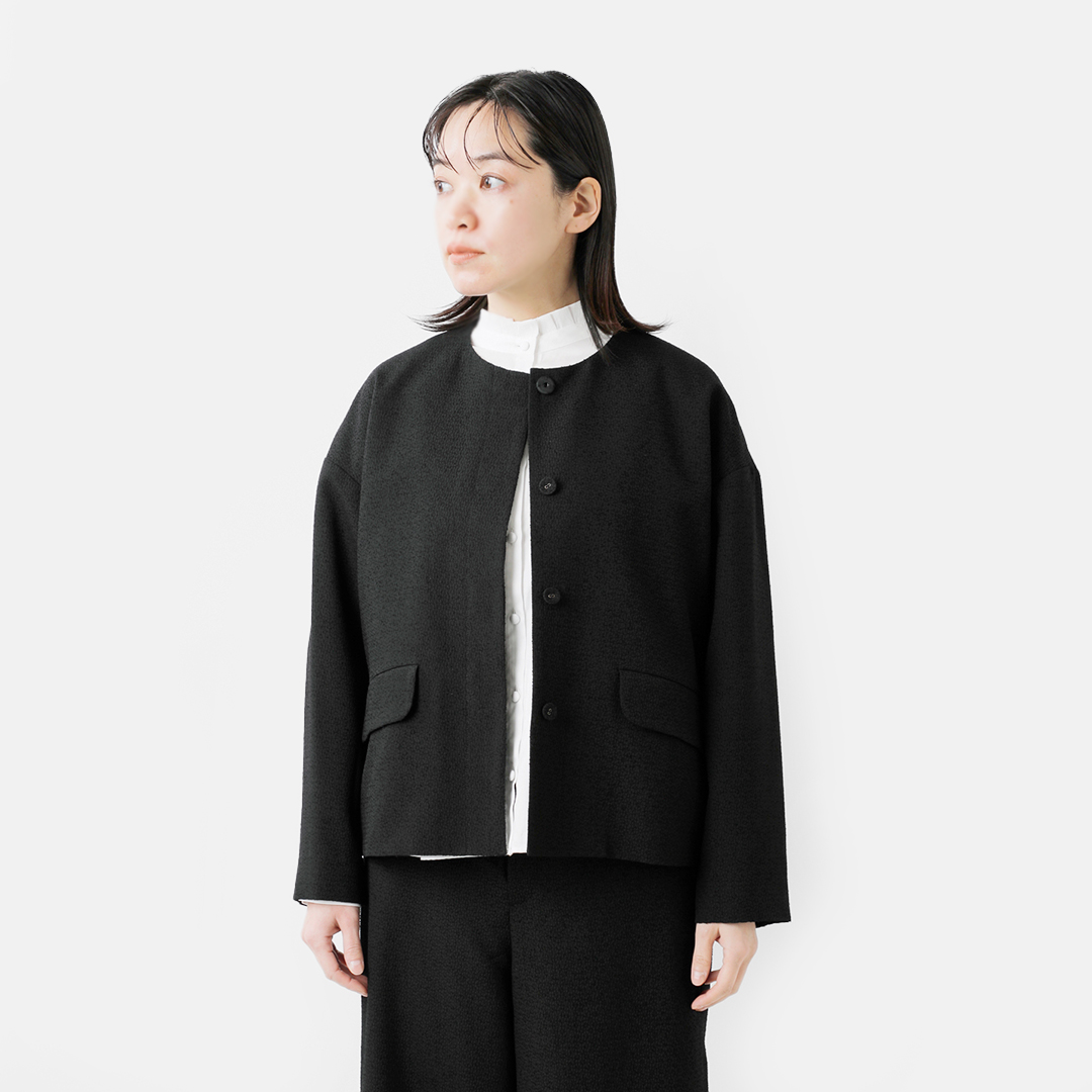 nooy ヌーイ ブークレ ジャガード ブラック ノーカラー フラップ