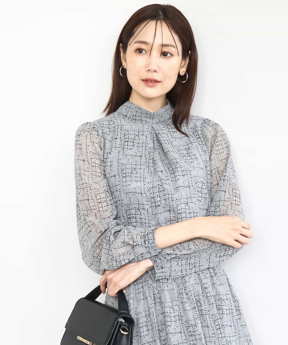 ツイード調チェックプリント シフォンブラウス/洗える(ブラウス