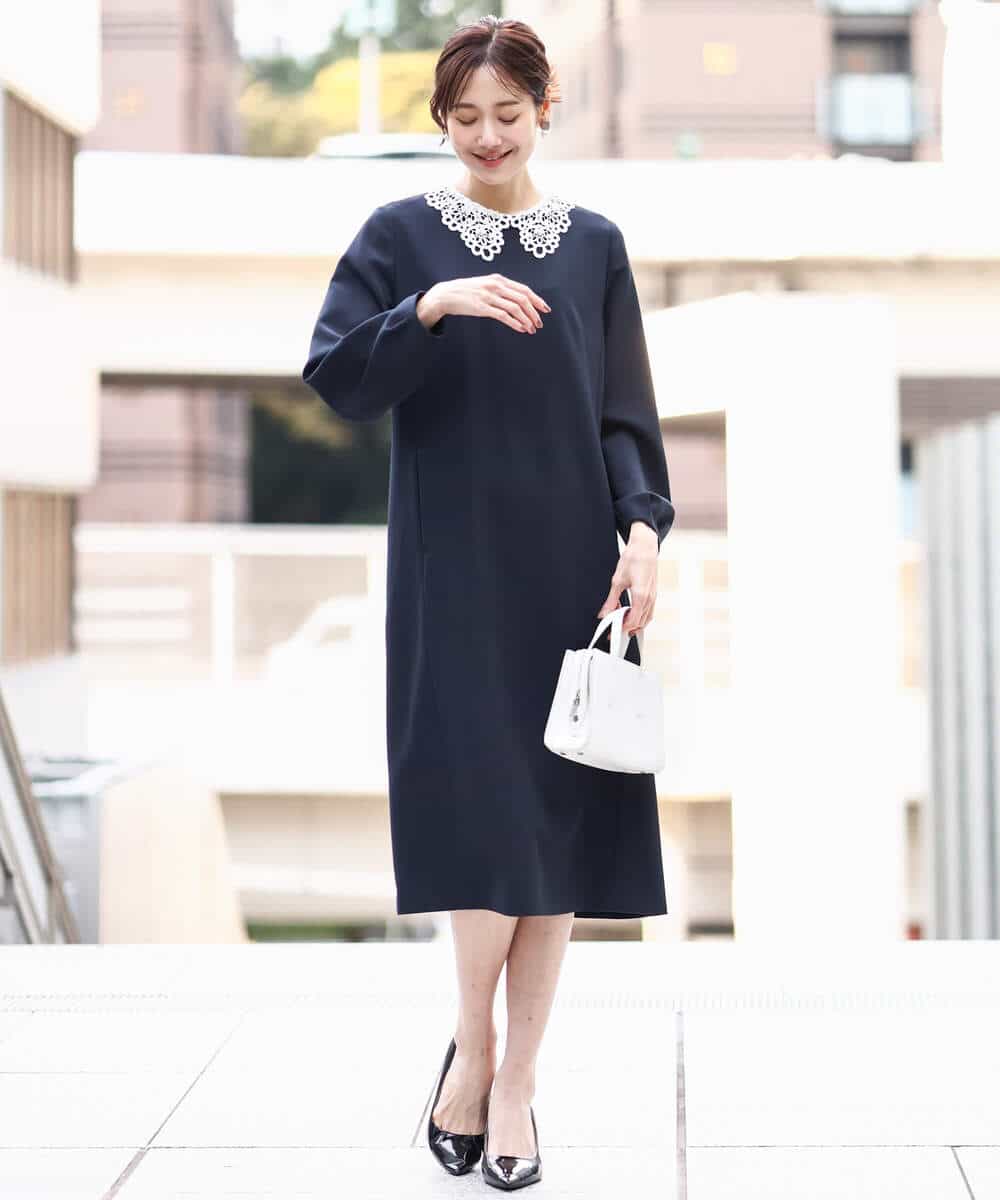 レース衿付きサックワンピース/防シワ/洗える(ワンピース) | MK MICHEL