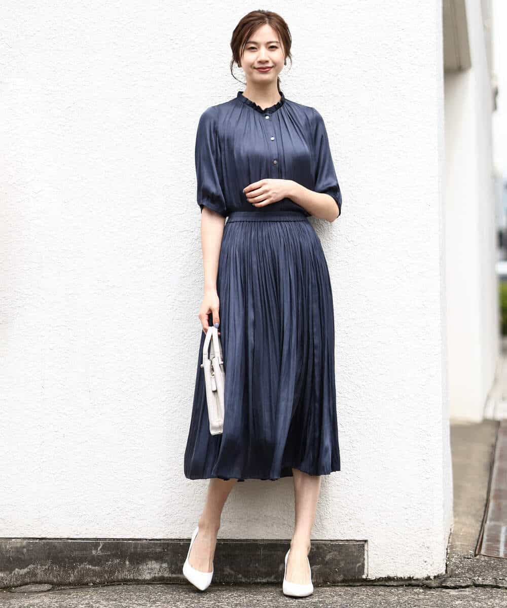 サテンプリーツ加工フレアースカート/洗える(ロング・マキシ丈スカート