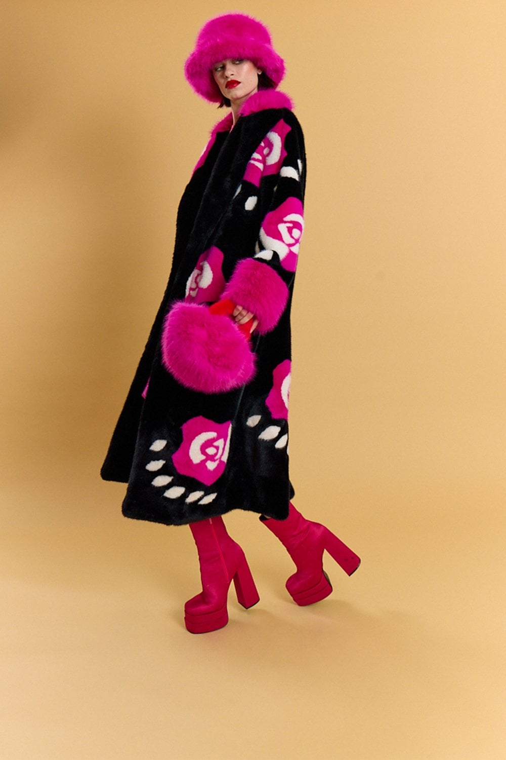 JAYLEY Black Hand Crafted Roses Bamboo Eco Faux Fur Love Maxi Coat