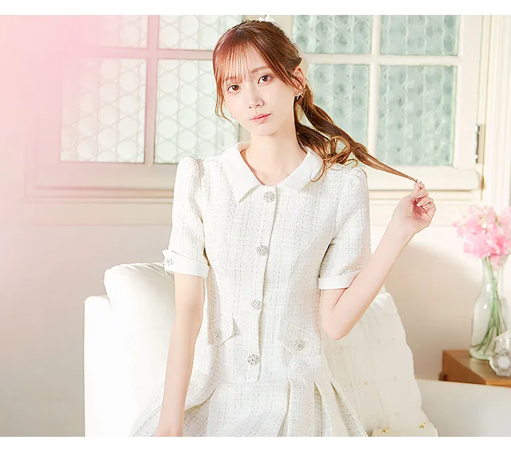 襟付きツイードビジュープリーツドレス/キャバドレス【XS-Lサイズ/1