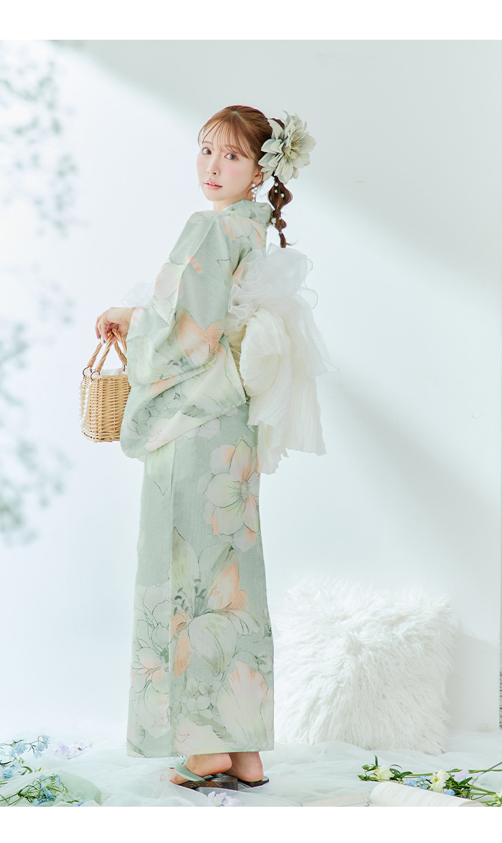 即日発送】アイシーミントフラワー浴衣 【浴衣3点セット 浴衣/帯/下駄