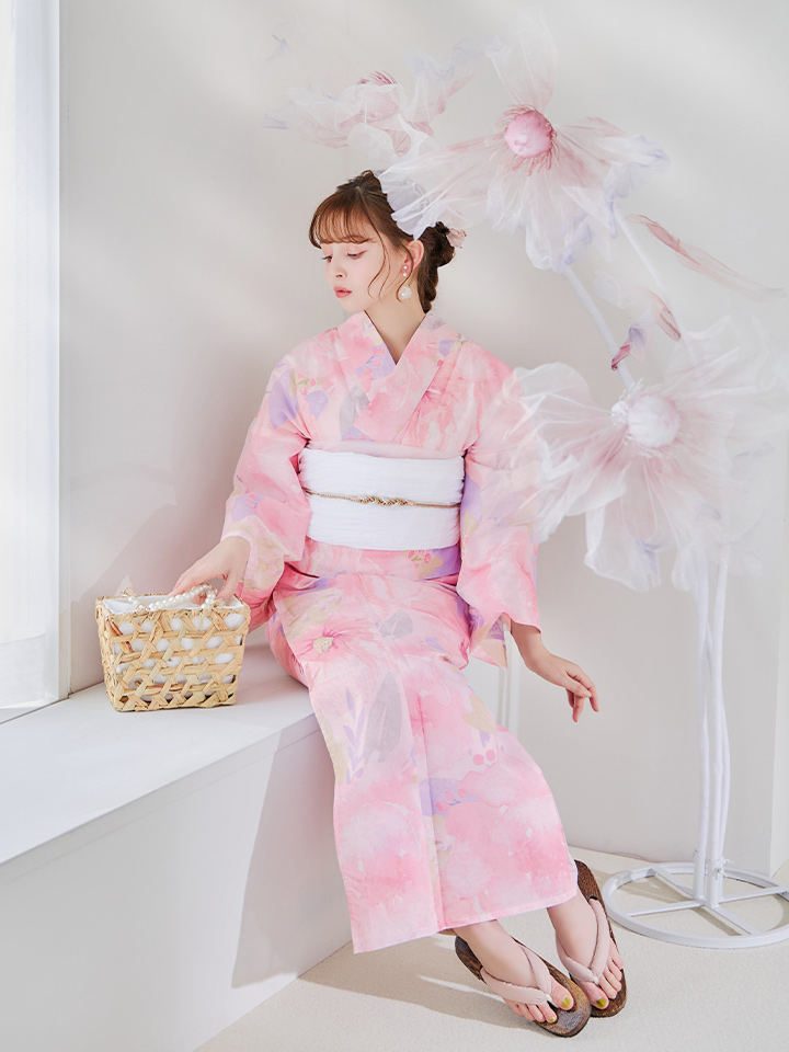 即日発送】ローズピンクの水彩浴衣 【浴衣3点セット 浴衣/帯/下駄