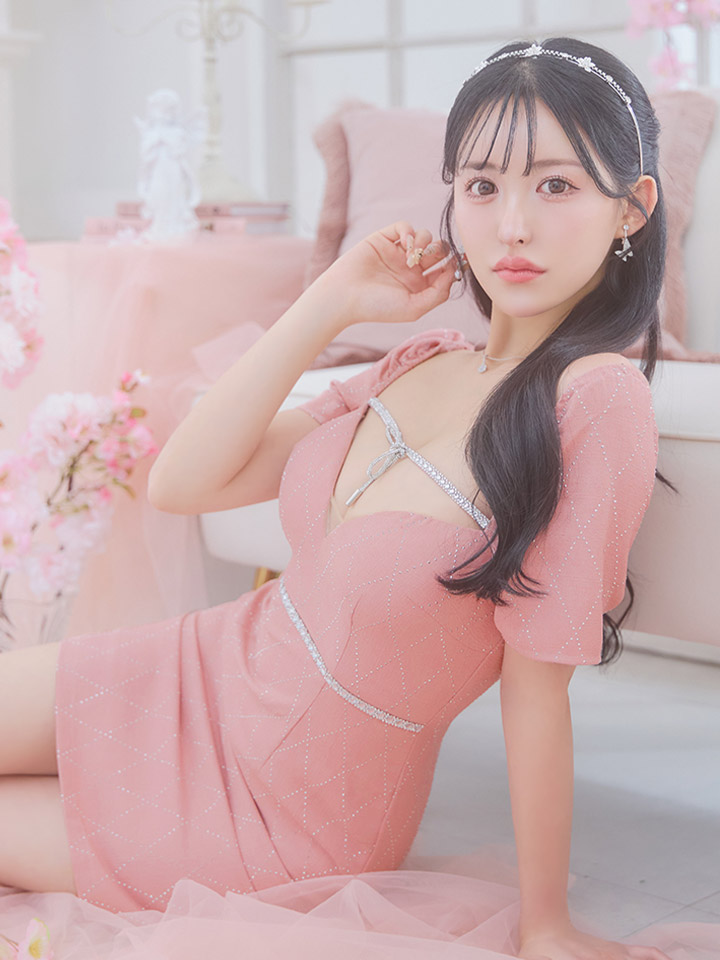 リボンビジュー格子柄半袖ミニドレス/キャバドレス【XS-Lサイズ/1