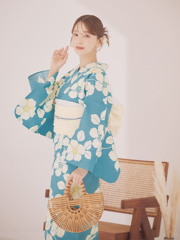 即日発送】浅葱色花柄浴衣 【浴衣3点セット 浴衣/帯/下駄】[OF04