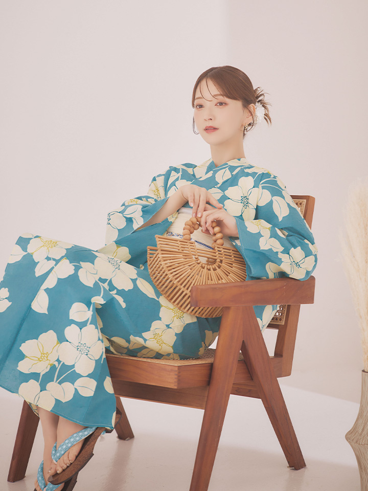 即日発送】浅葱色花柄浴衣 【浴衣3点セット 浴衣/帯/下駄】[OF04