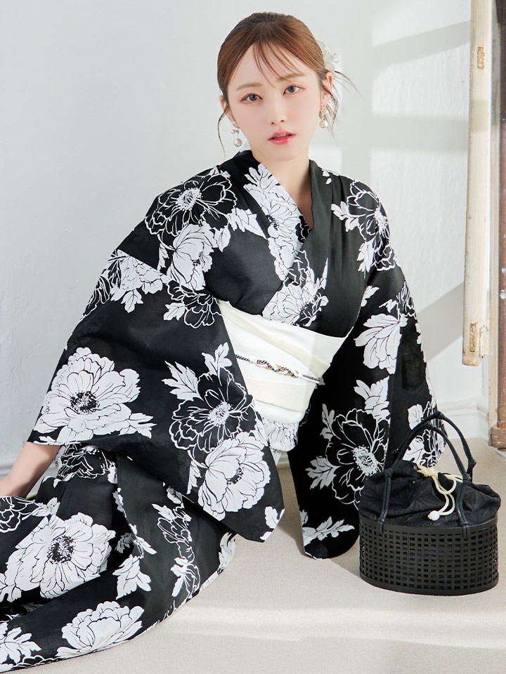即日発送】モノトーン牡丹柄浴衣 【浴衣3点セット 浴衣/帯/下駄