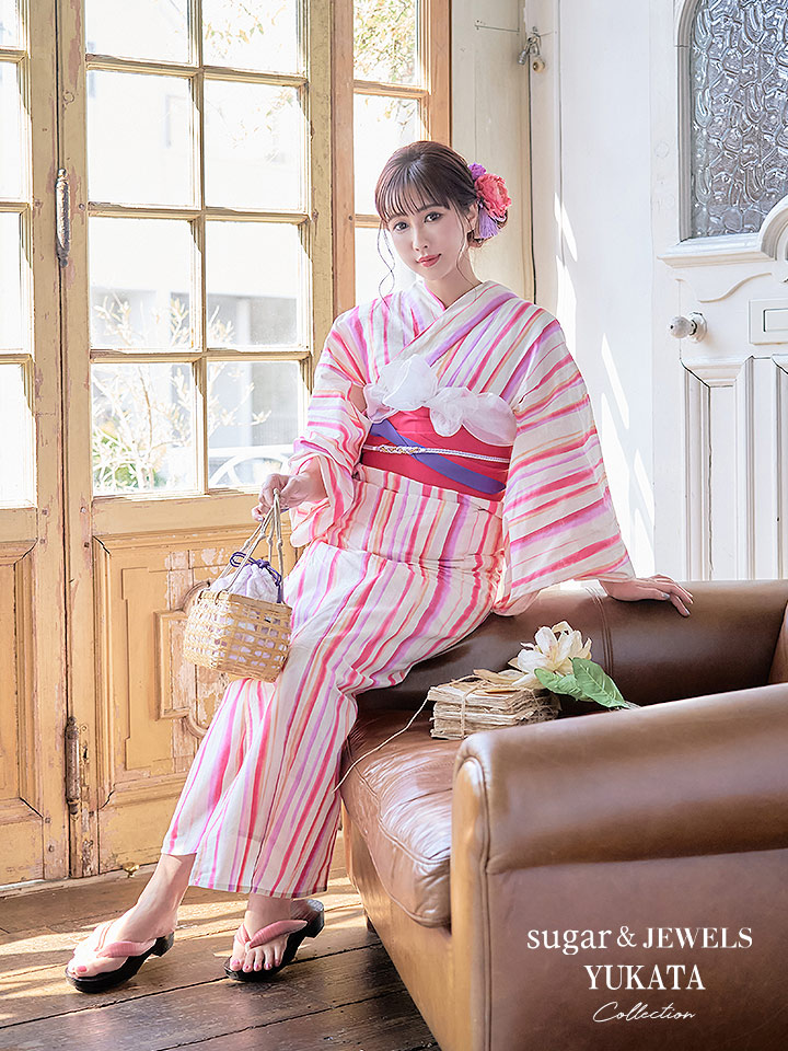 即日発送】【アウトレット】【浴衣】クリーム地xストライプ模様浴衣
