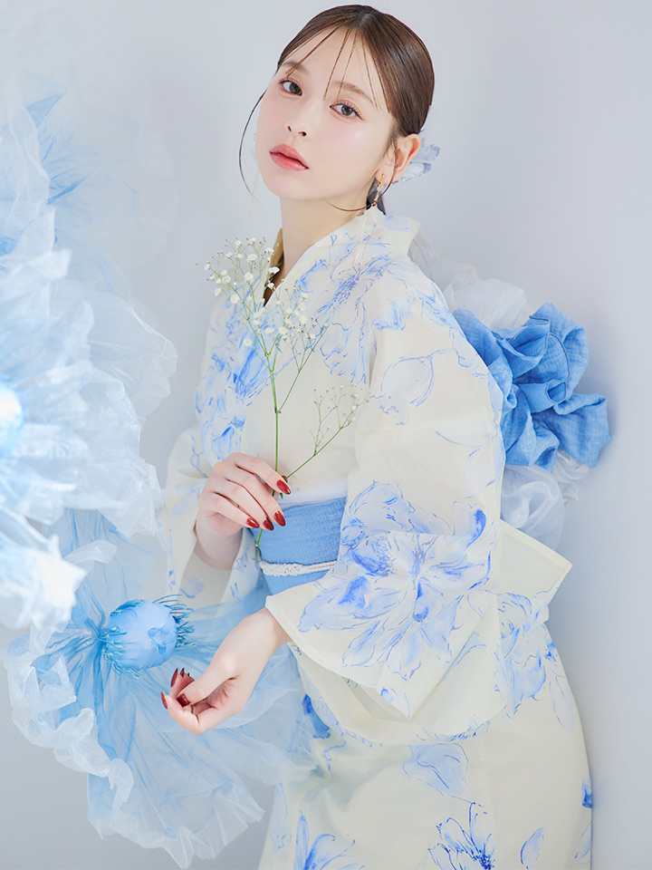 即日発送】グラデーションブルー牡丹和モダン浴衣 【浴衣3点セット
