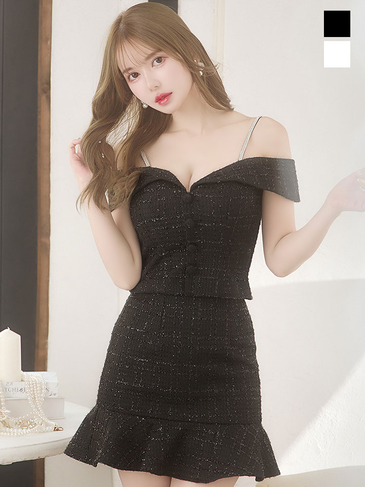送料無料！】Lサイズ登場!ラメツイードドレス/オフショルダー