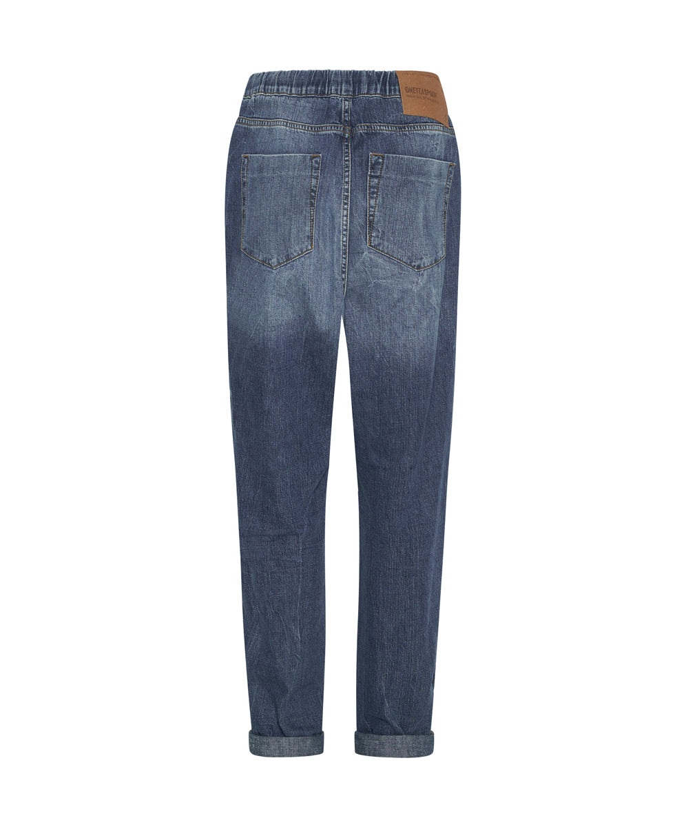 Shabbies High Waist Drawstring Boyfriend Denim Jeans - Resort Blue