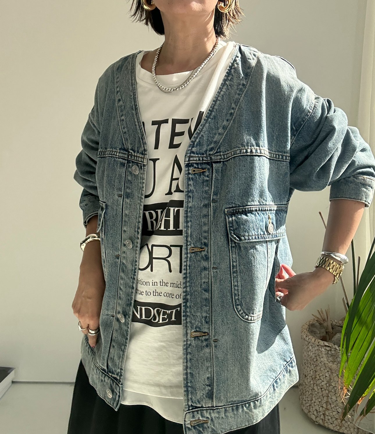 ○最終追加【1/28 LIVEご紹介アイテム】○ノーカラーデニムジャケット