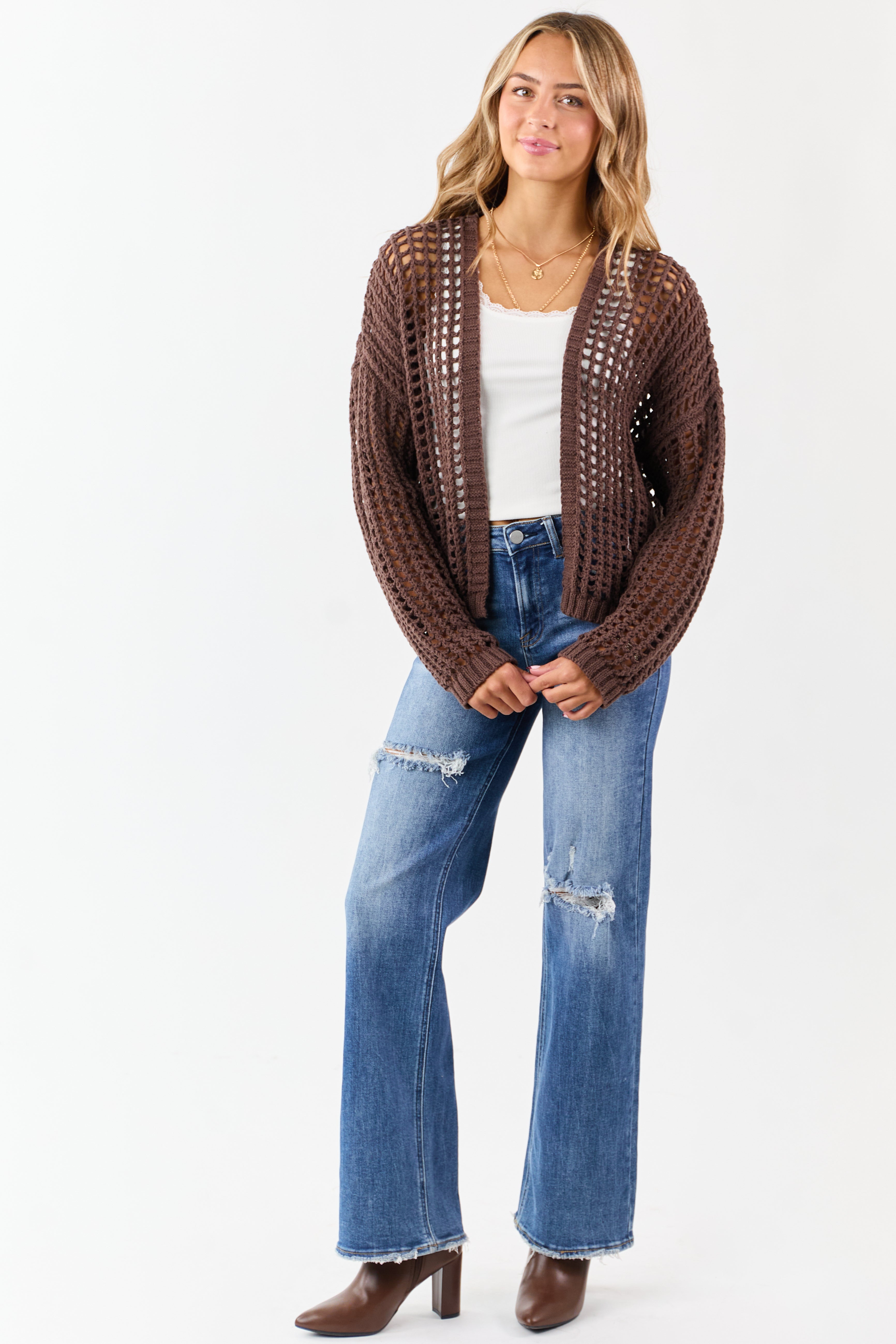 Cocoa Crochet Knit Open Front Cardigan | Lime Lush Boutique