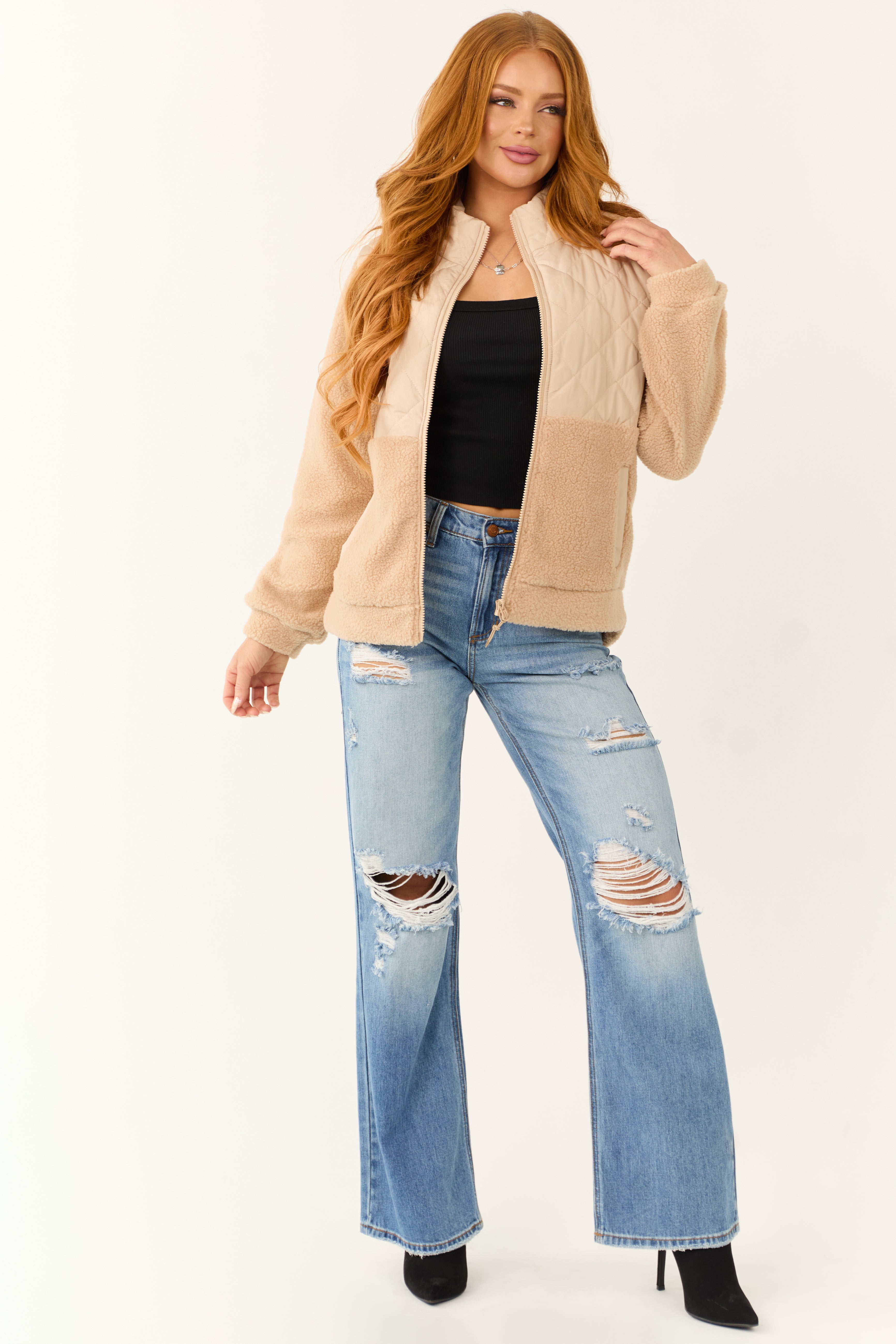 Beige Sherpa Quilted Zip Up Mock Neck Jacket | Lime Lush Boutique