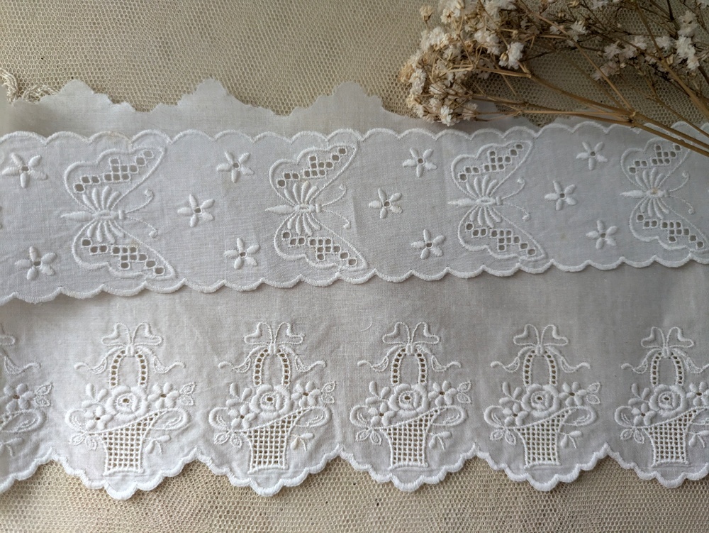 フランスヴィンテージ 幅広刺繍スカラップレース 花籠 93cm