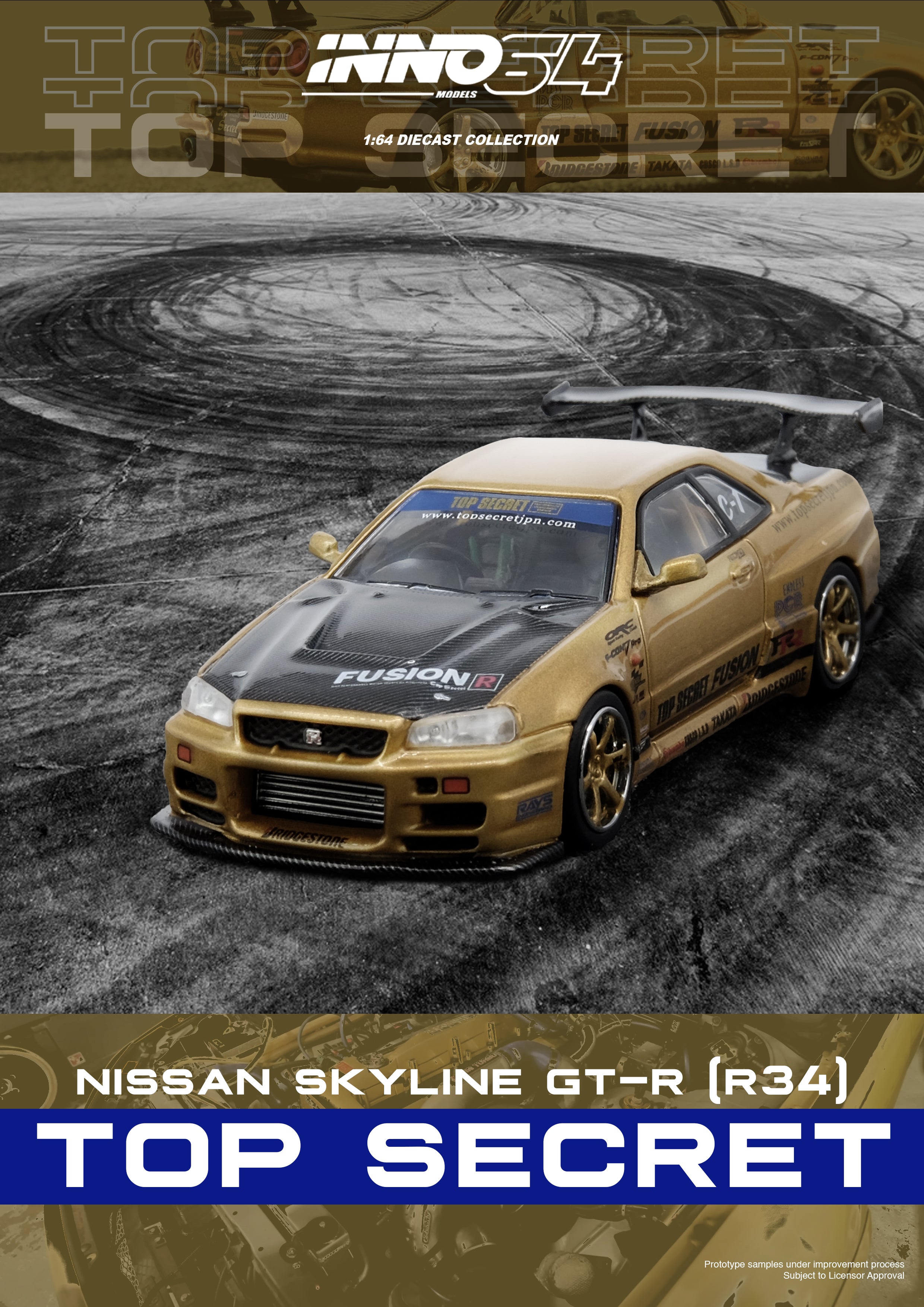 INNO64 1:64 Nissan Skyline GT-R (R34) TOP SECRET in Gold – Model
