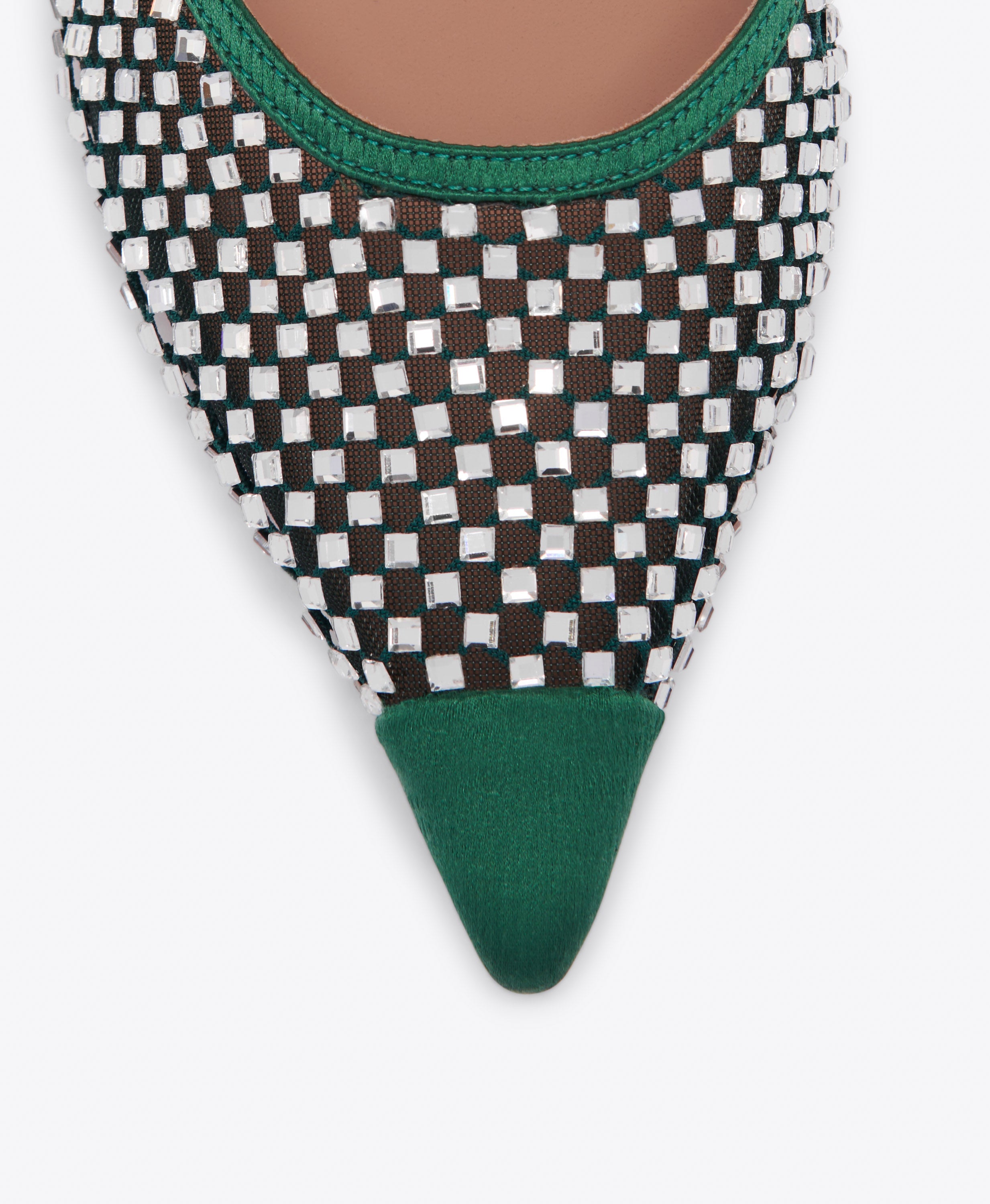 Vega 70 Crystal Mesh Forest Green Satin Mule | Malone Souliers
