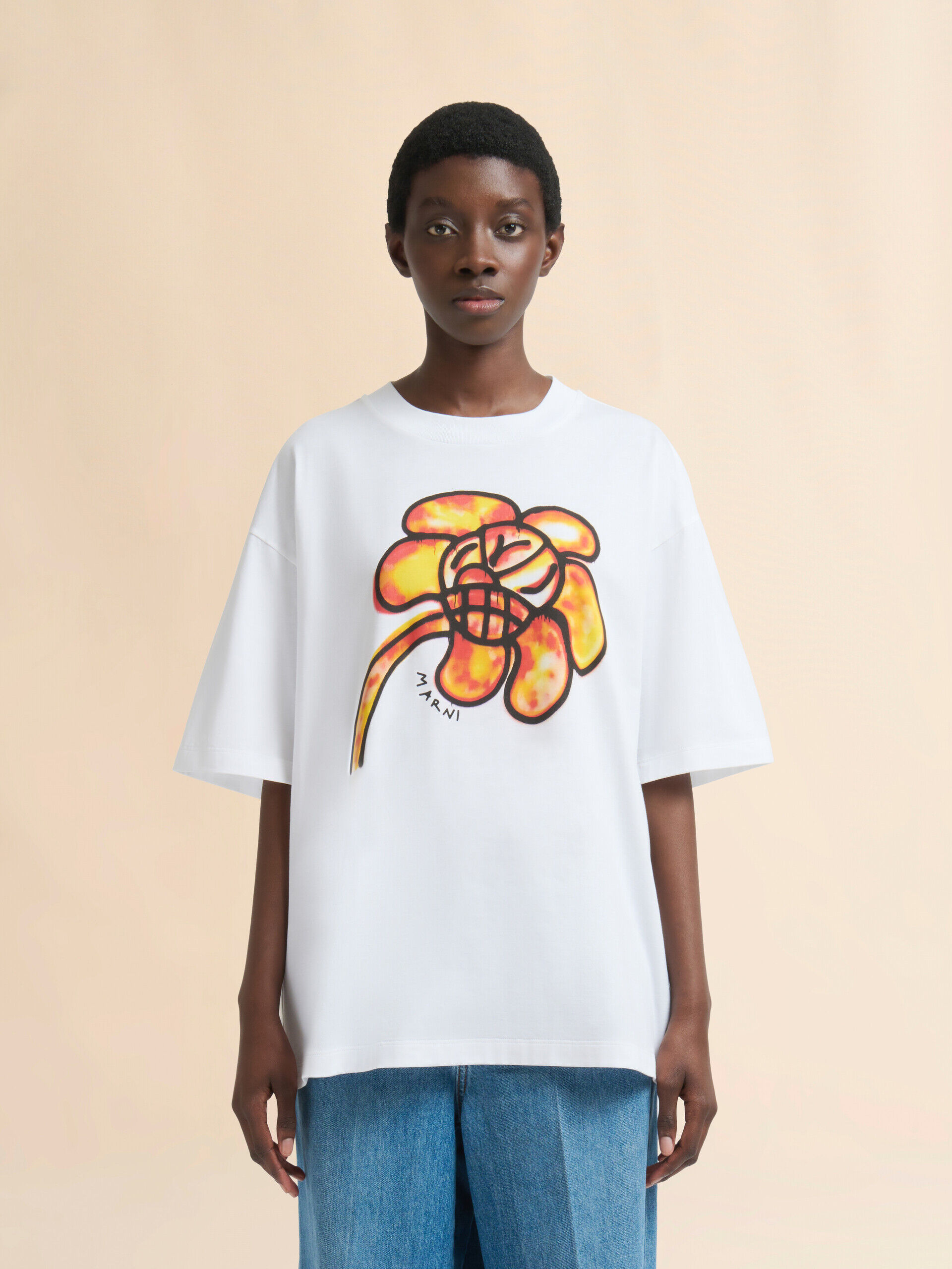 White cotton T-shirt with flower print | Marni