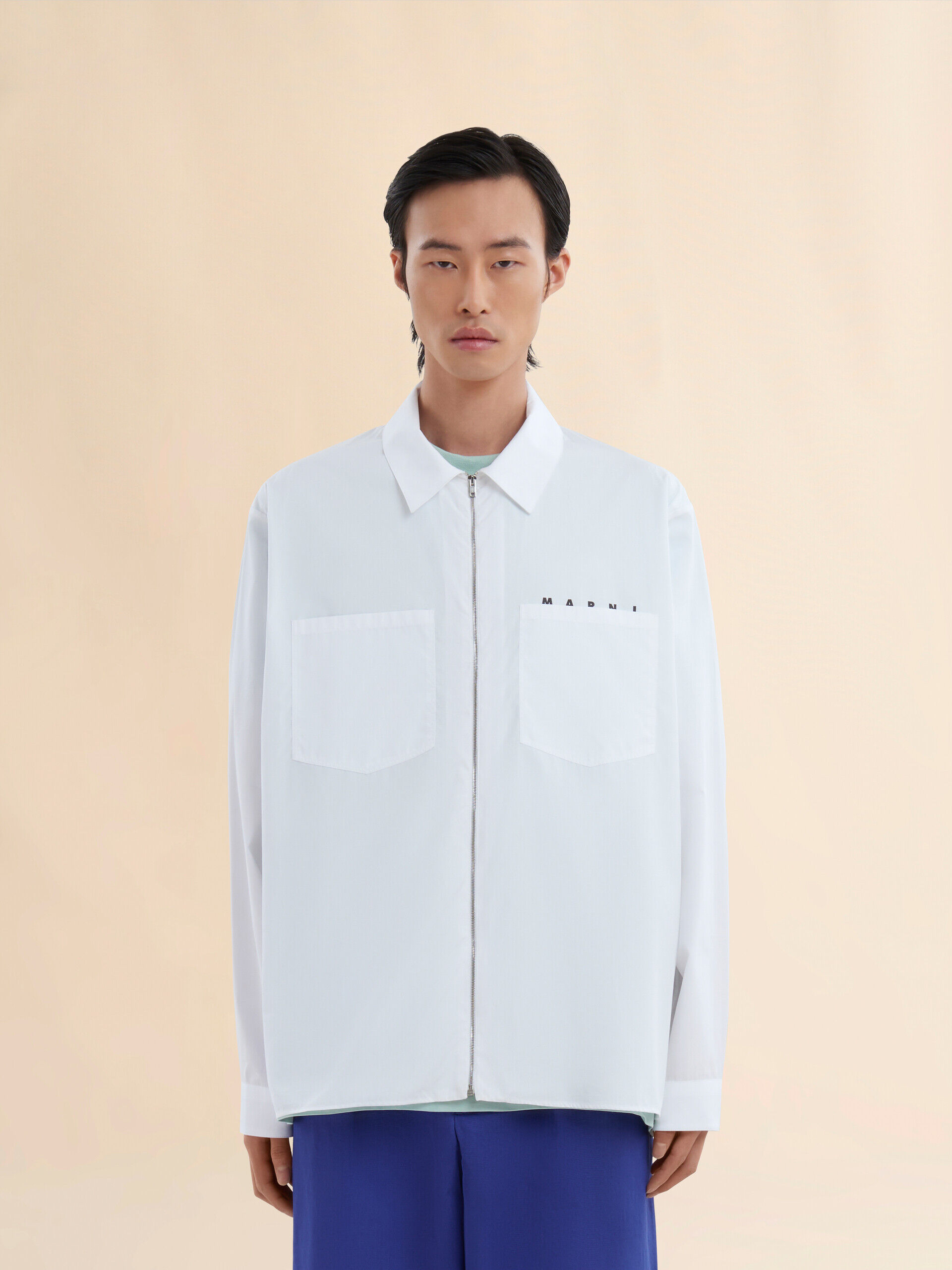 White organic poplin zip shirt with hidden logo | Marni