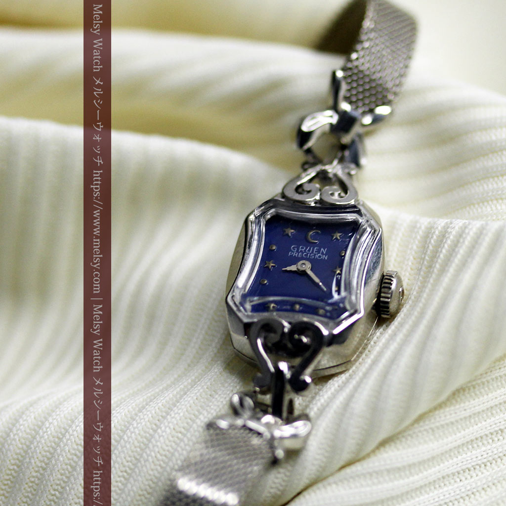 夜の空に星と月 グリュエンのアンティーク金無垢腕時計 1950年頃