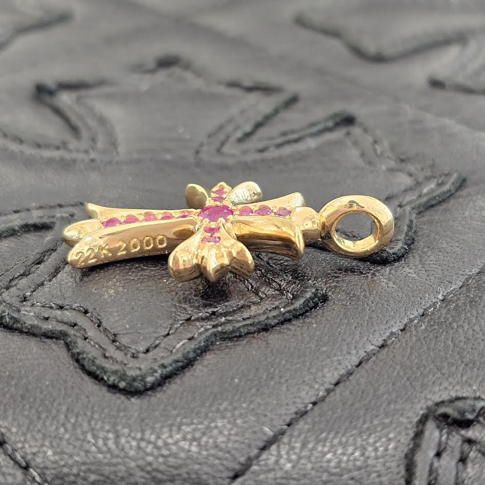 CHROME HEARTS 22K Tiny Fat Cross Pave Pink Sapphire Pendant Top