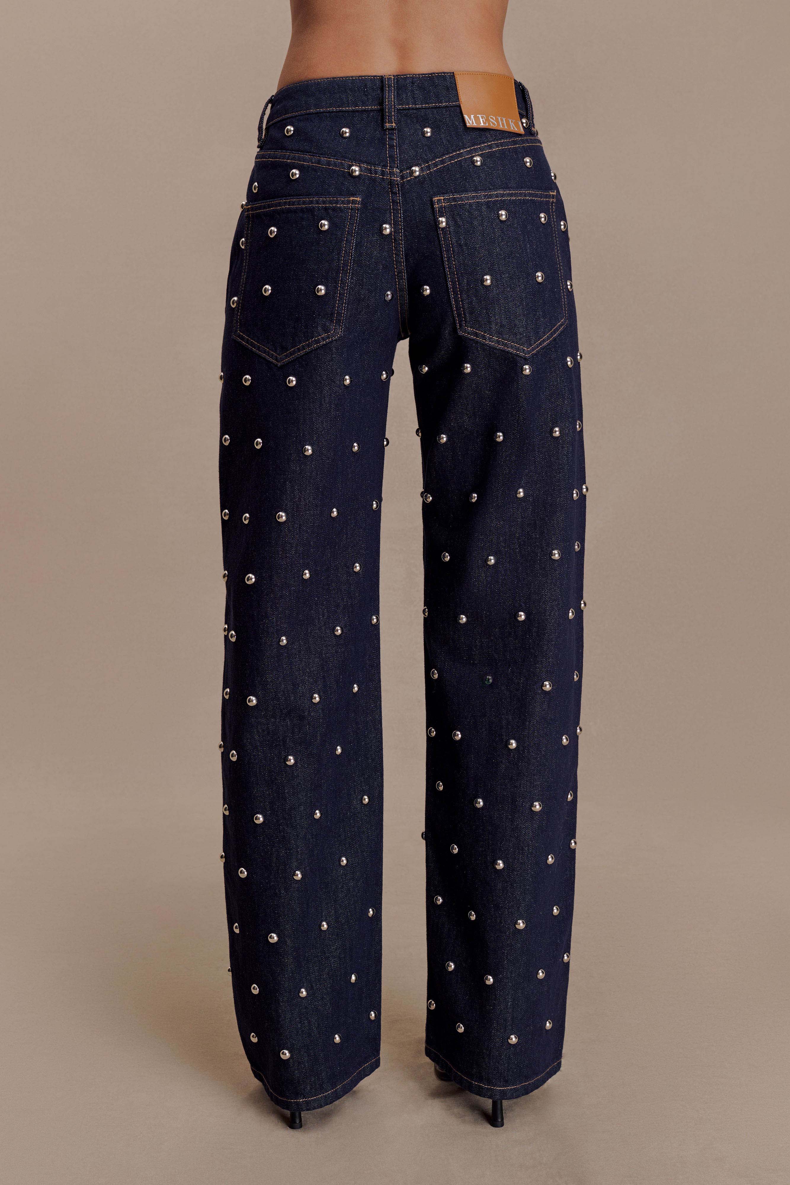 Alima Mid Rise Stud Denim Jeans - Washed Indigo Blue | MESHKI US
