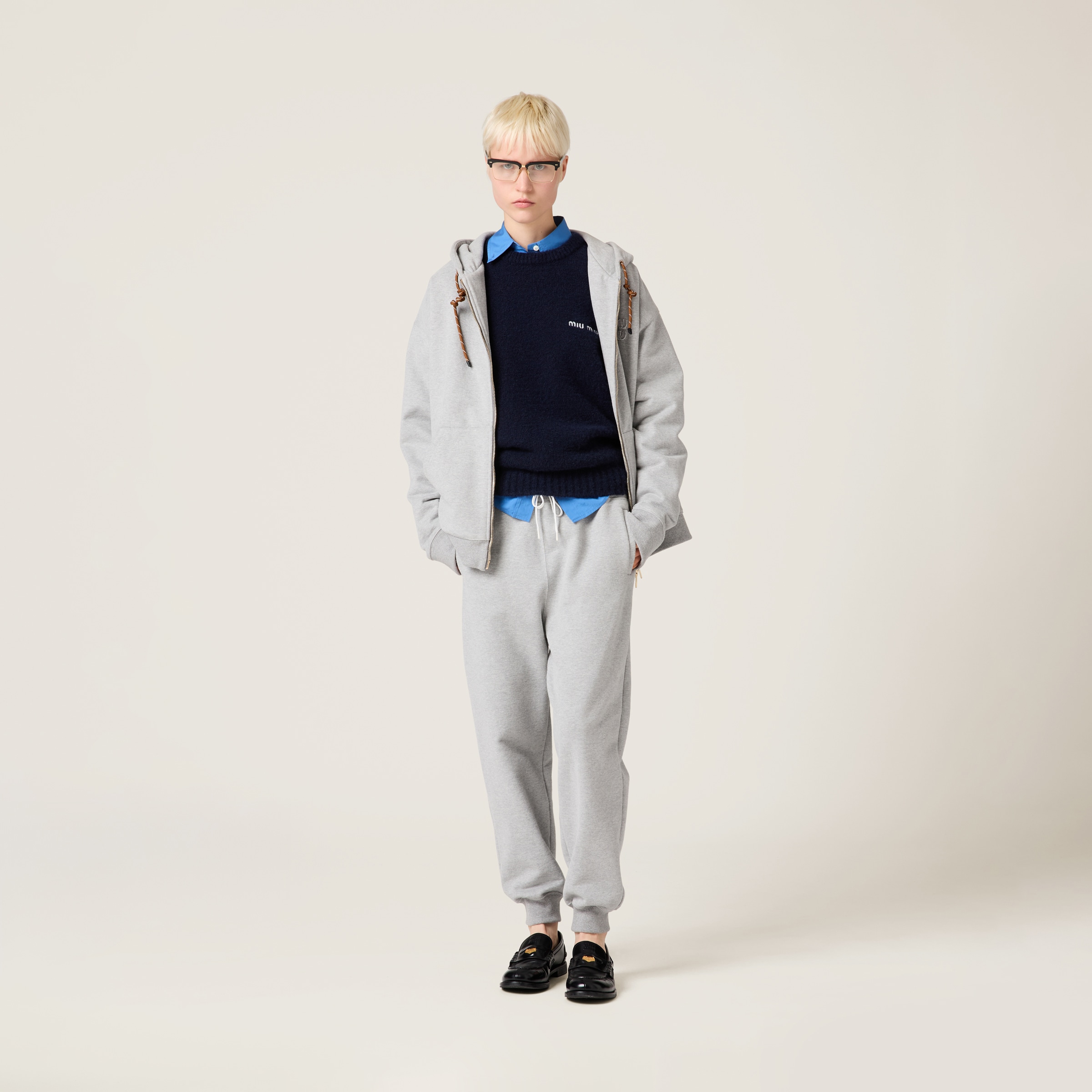 Grey Cotton Fleece Pants With Leather Trim | Miu Miu