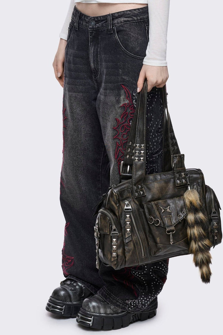 Black Vegan Leather Multi Pocket Shoulder Bag | Minga London