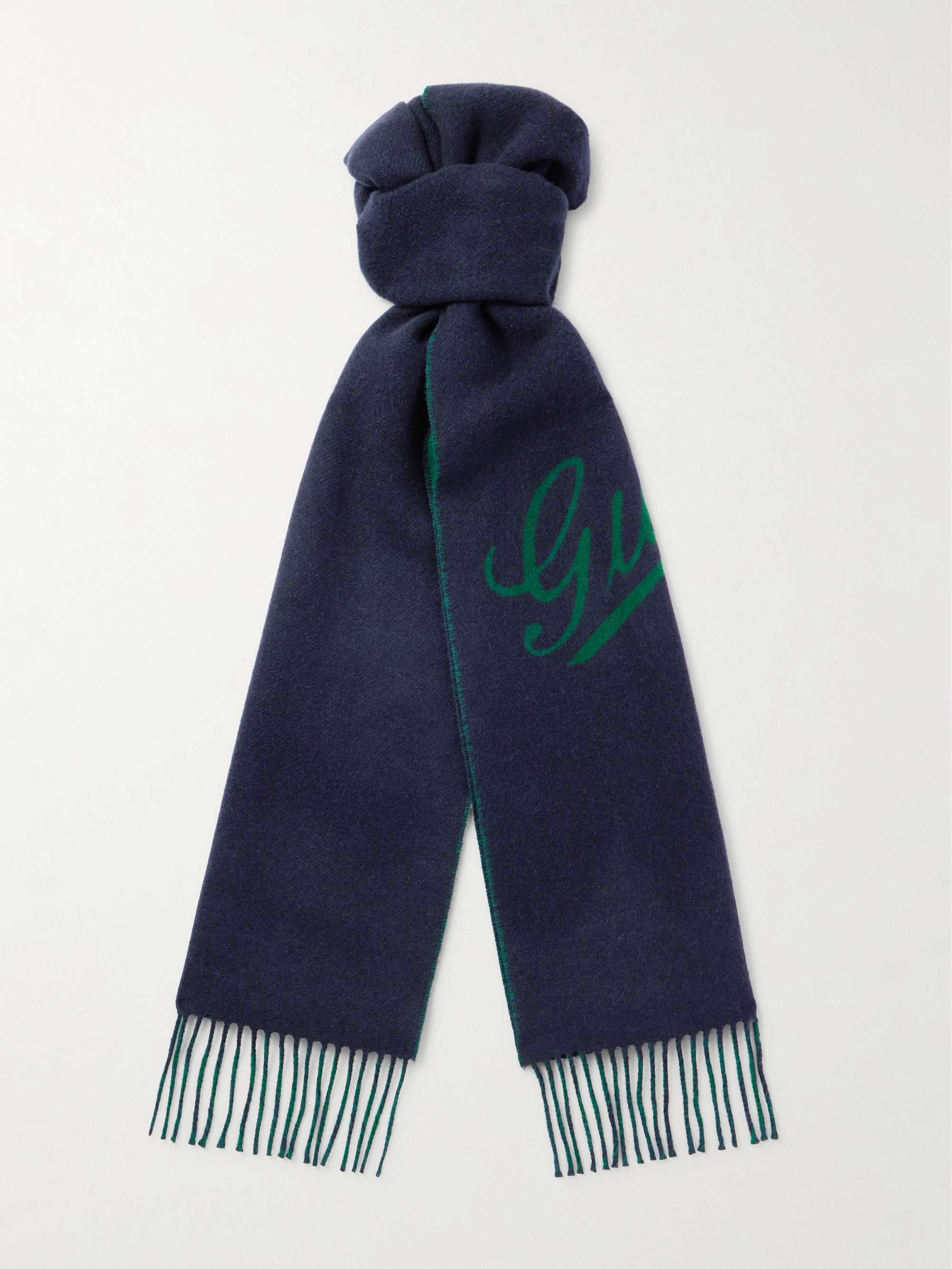 GUCCI ネイビー ロゴ入りマフラー フリンジ付き