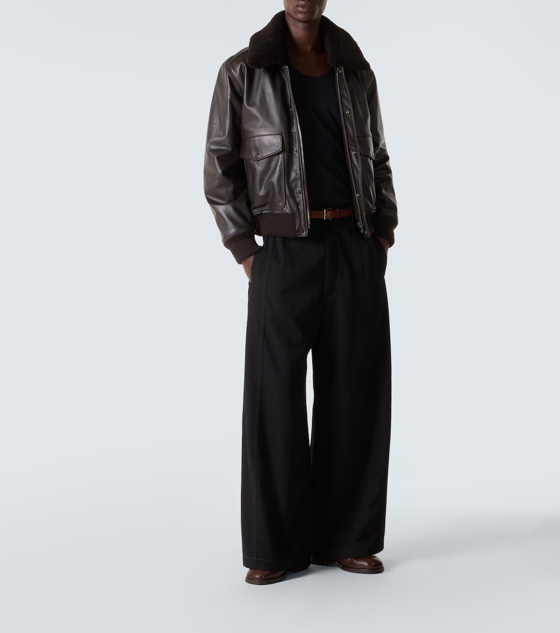 Shearling-trimmed leather blouson jacket in brown - Lemaire