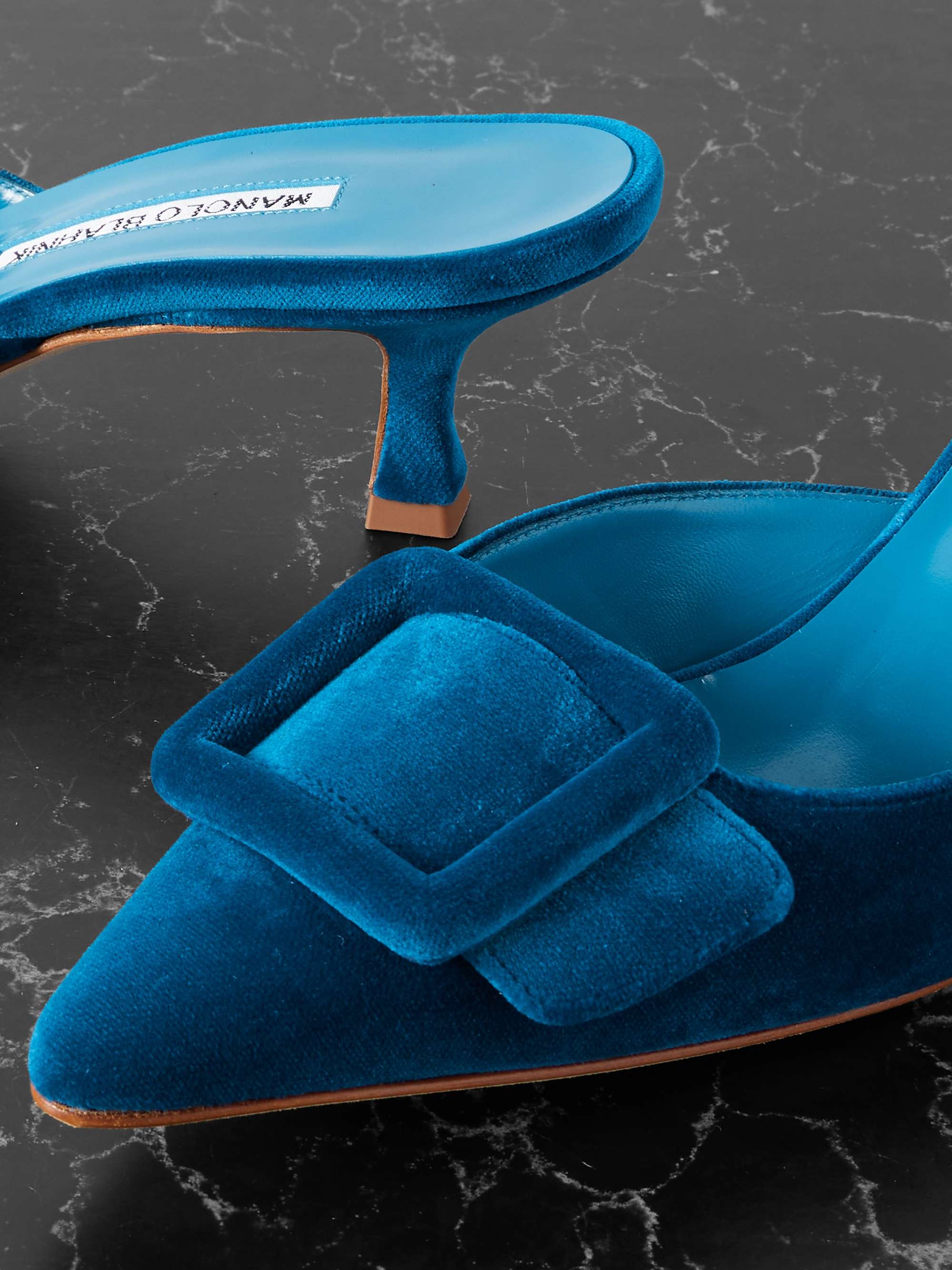 MANOLO BLAHNIK Maysale 50 buckled velvet mules | NET-A-PORTER