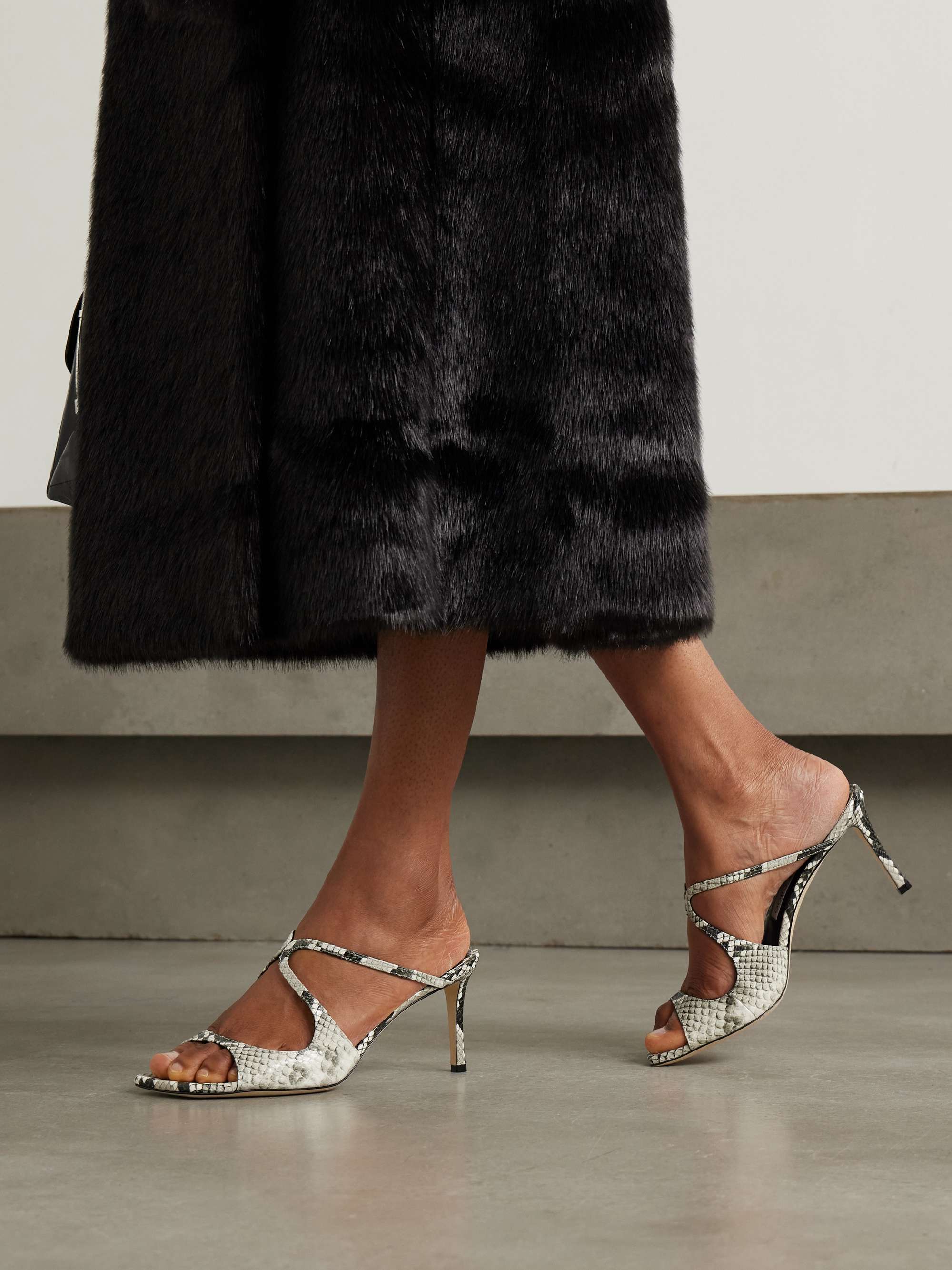 JIMMY CHOO Anise 75 cutout snake-effect glossed-leather sandals