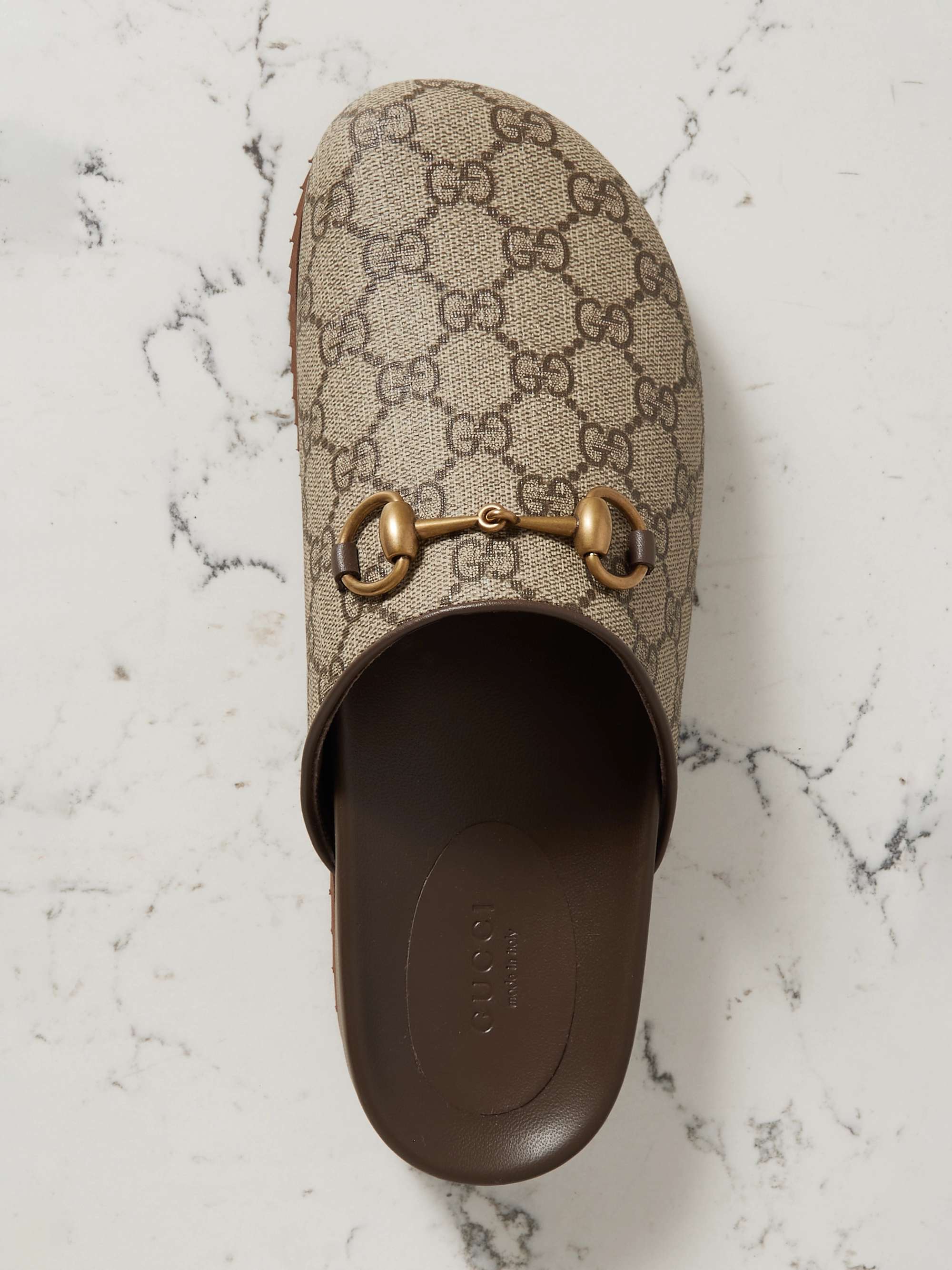 GUCCI Sol embellished leather-trimmed canvas-jacquard slippers